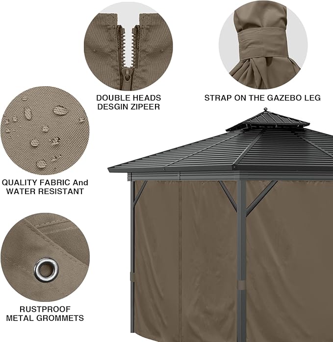 Gazebo Curtains 10'x10' Outdoor Waterproof, 4-Panels Sidewall Curtains Universal Replacement with Zipper for Patio, Backyard, Garden (Brown, 10'x10')