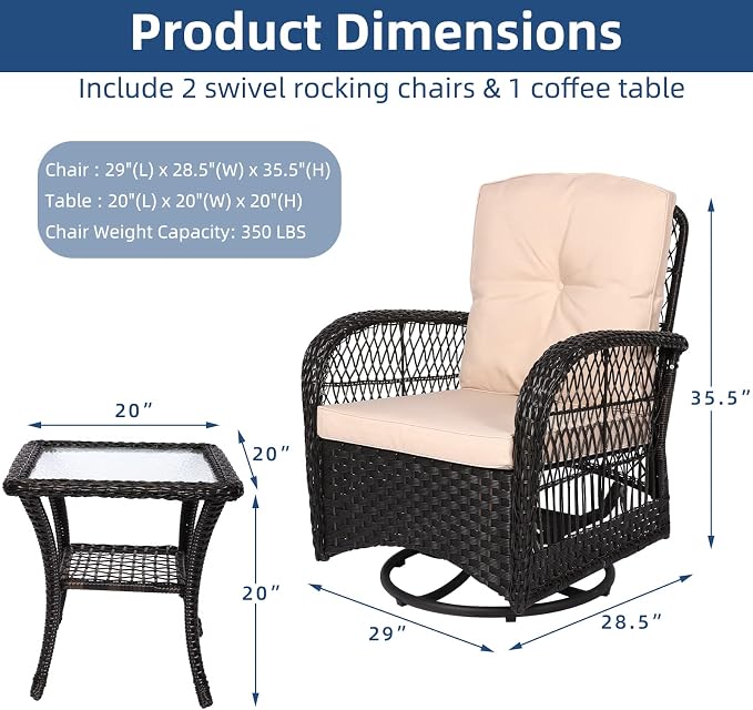 3-Piece Patio Wicker Conversation Bistro Set, Rattan Gliding Rocking Swivel Chairs with Cushion and Glass Top Side Table Outdoor Furniture Sets for Garden Backyard, Dark Brown