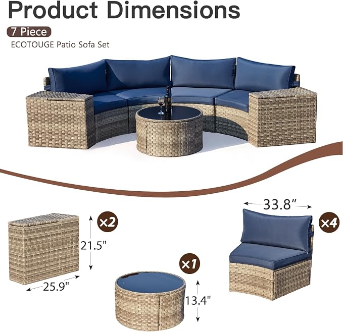 ECOTOUGE 8-Piece Half-Moon Curved Patio Furniture Set with Fire Pit Table, Wicker Rattan Sectional Sofa with Thick Cushions, Outdoor Conversation Set for Backyard Garden No Tank Cover(Blue, Grey)