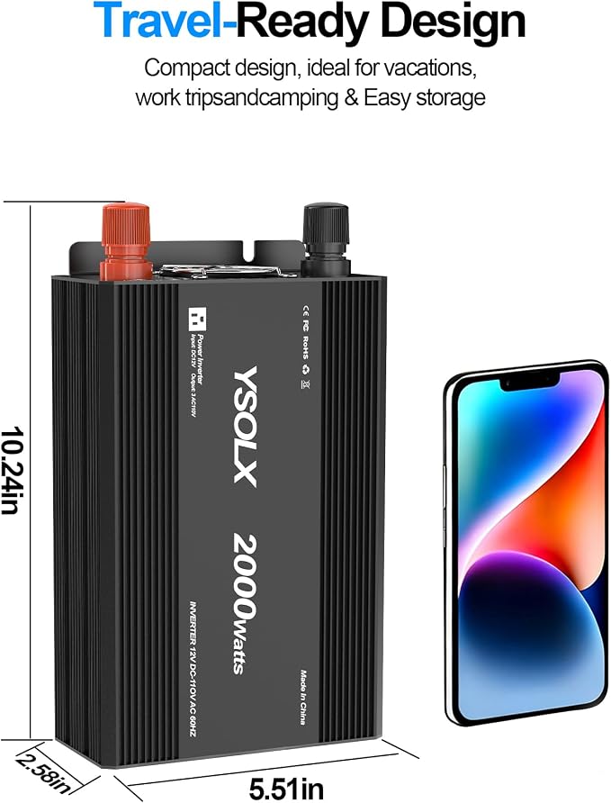 YSOLX 2000W Power Inverter 12V to 110V, DC to AC Inverter with 3 AC Outlets for RV Truck Camping, Home Emergency Use (4000W Peak)