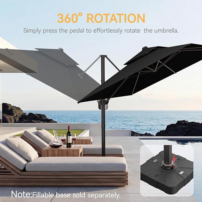 9x12 FT Patio Umbrella, Large Cantilever Rectangular Double Top Heavy Duty Offset Umbrellas with 360° Rotation, Outdoor shade for Garden Deck Pool, Black