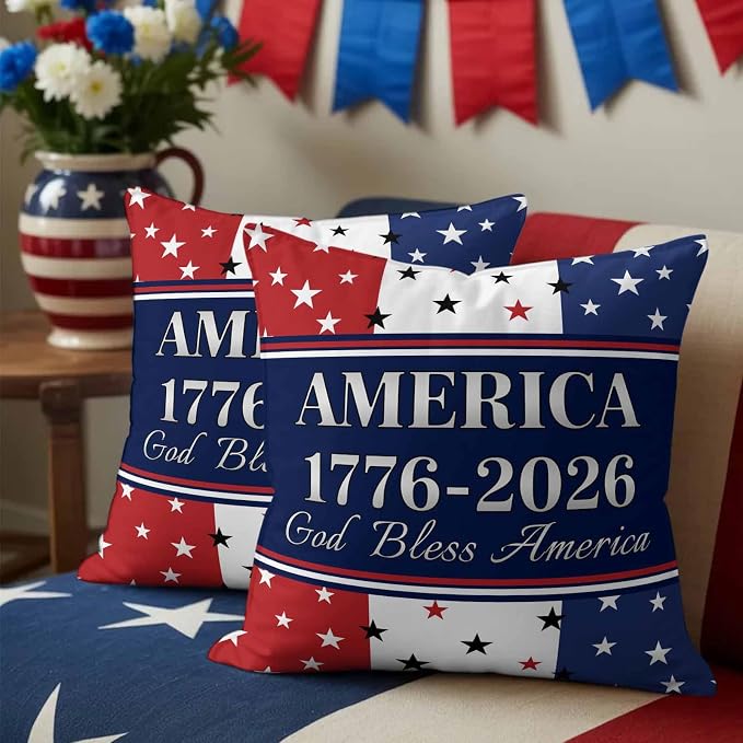America 250th Anniversary Outdoor Pillow Covers 20"x20" Set of 2, God Bless America Patriotic Star Strip Waterproof Throw Pillow Covers for Patio Furniture, Decorative Cushion Covers for Porch