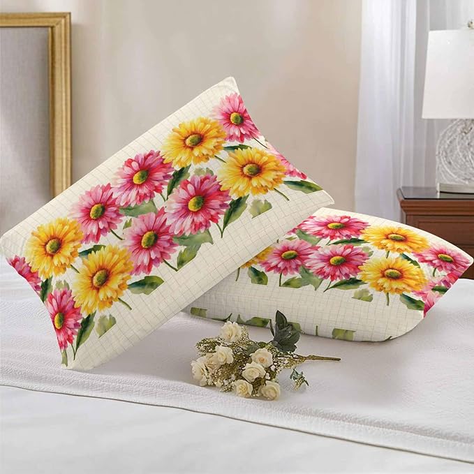 Yellow Pink Daisy Outdoor Pillow Covers 20"x12" Set of 2, Rustic Farmhouse Boho Yellow Plaid Waterproof Throw Pillow Covers for Patio Furniture, Decorative Cushion Covers for Porch