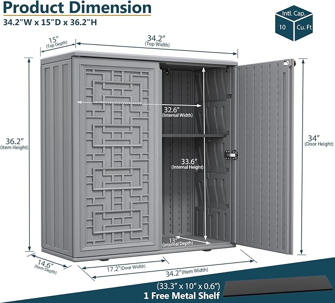 HOMSPARK Indoor/Outdoor Storage Cabinet with Doors and Shelf, 34”x15”x36” HDPE Plastic Storage Box Waterproof for Patio, Garden, Balcony, Multi-Purpose for Daily Tools, Grey