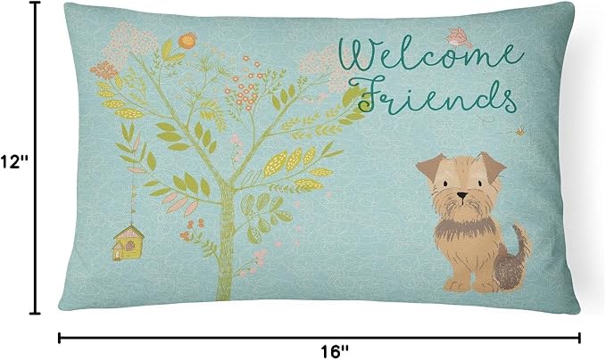 Caroline's Treasures BB7642PW1216 Welcome Friends Yorkie Natural Ears Canvas Fabric Decorative Pillow Machine Washable, Indoor Outdoor Decorative Pillow for Couch, Bed or Patio, 12HX16W