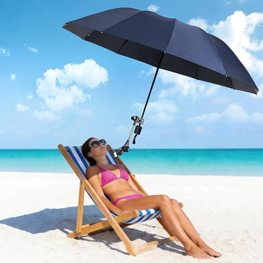Beach Chair Umbrella with Clamp 360° Adjustable Clip On Umbrella for Camping Chair UPF 50+ UV Protection Sun Shade Portable Stroller Umbrellas for Travel, Wheelchair, Boat, Patio, Golf Cart
