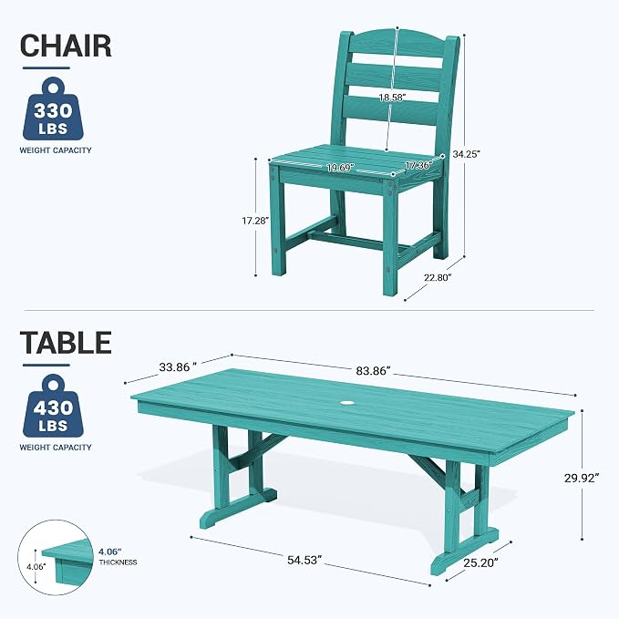 KINGYES Outdoor Dining Table,84 inch HDPE Rectangular Patio Table with Umbrella Hole，Waterproof Patio Furniture for Backyard,Aruba