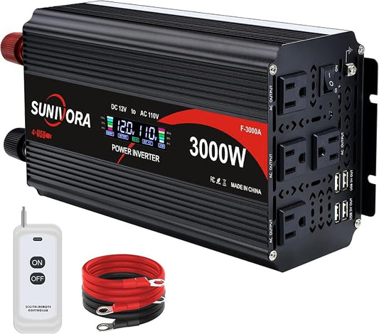 3000 Watt Power Inverter 12V to 110V/120V DC to AC Converter 6000W Peak, with Remote Control & LCD, 4 AC Outlets & 4 USB Ports Power Inverters for Vehicles Car Truck Boat RV Camping Solar System EPS