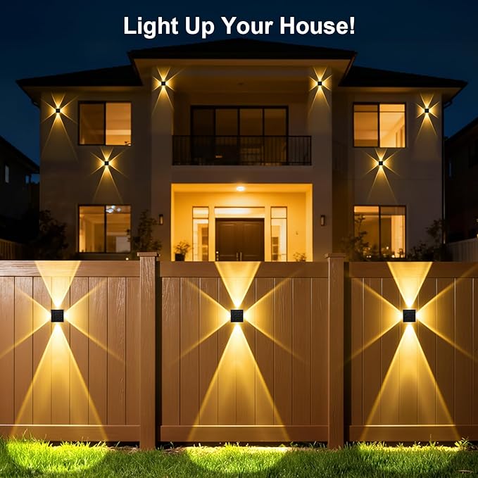 AUDLES Solar Fence Lights Outdoor, New 4-Way Lighting Fence Lights Solar Powered with 3 Modes 3000K/4000K/6000K, IP65 Waterproof Solar Wall Light for Backyard Wall Pathway Deck Patio Decor - 8 Pack
