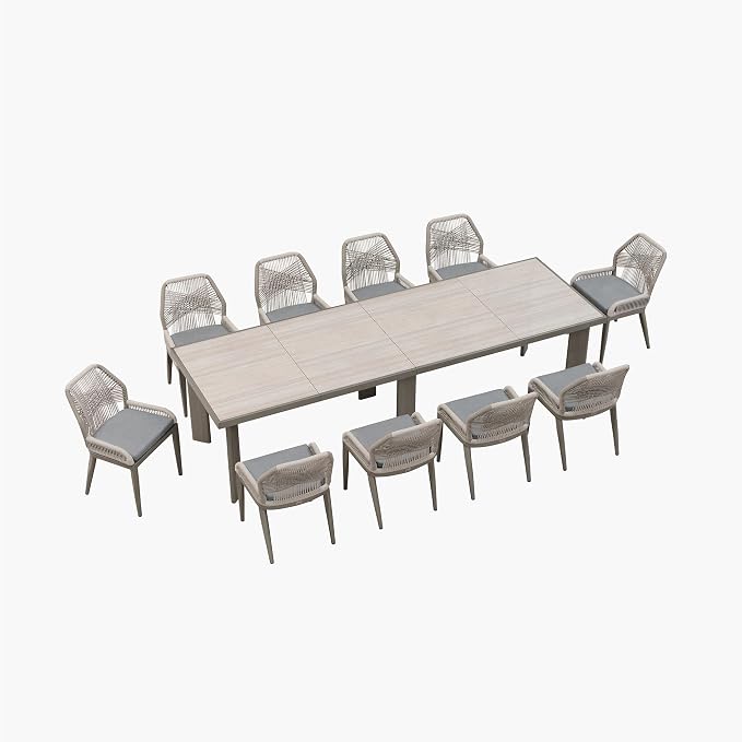PURPLE LEAF 11 Pieces Patio Dining Set Aluminum Oversize Rectangular Table and Wicker Chairs with Cushions for Kitchen Porch Garden Modern Outdoor Furniture Sets, Light Grey