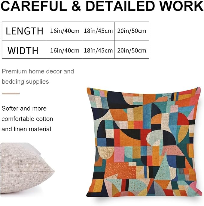 Pillowcase Colorful Fun Aesthetic Mid Century Modern Gomestry Decorative Pillow Cover Summer Orange Rust Colorful Multicolor Cooling Pillowcase 20"x20" Cushion Case for Sofa Couch