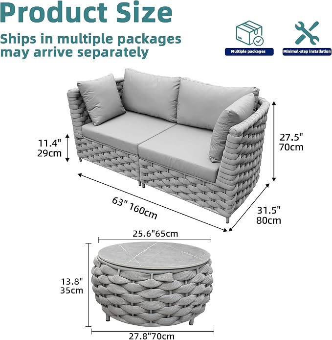 2-Seater Aluminum Outdoor Sectional Sofa Set with Coffee Table, Rust-Free Patio Loveseat with 3.9" Thick Cushions for Backyard, Balcony, Garden，Khaki Gray
