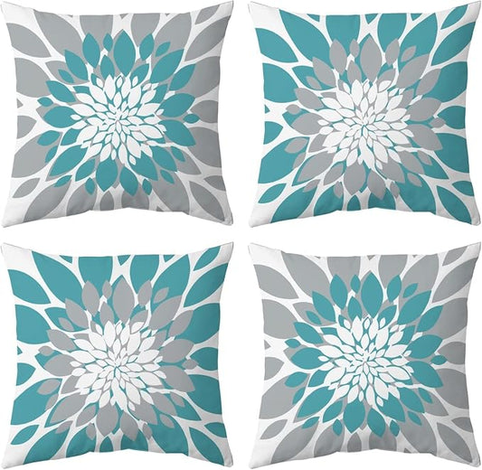 Pack of 4 Outdoor Waterproof Pillow Covers 18x18 Decorative Outdoor Throw Pillows Garden Square Cushion Cases for Patio Furniture, Couch, Tent Sunbrella, Bench, Teal Turquoise Grey
