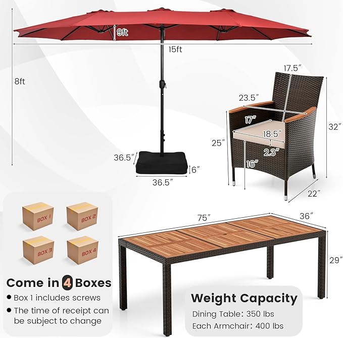 Tangkula 11 Piece Rattan Outdoor Dining Set with 15Ft Patio Umbrella for 8, Outdoor Wicker Table Set with 8 Cushioned Armchairs, Acacia Wood Top, Outdoor Umbrella with Base Included