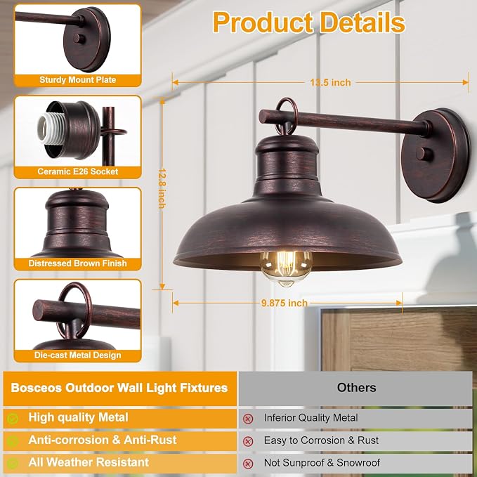 Outdoor Wall Lights 2 Pack, Farmhouse Barn Light, Distressed Brown | Vintage Outside Wall Mount Light Fixture, Waterproof Outdoor Light for House Garage Patio Porch Doorway