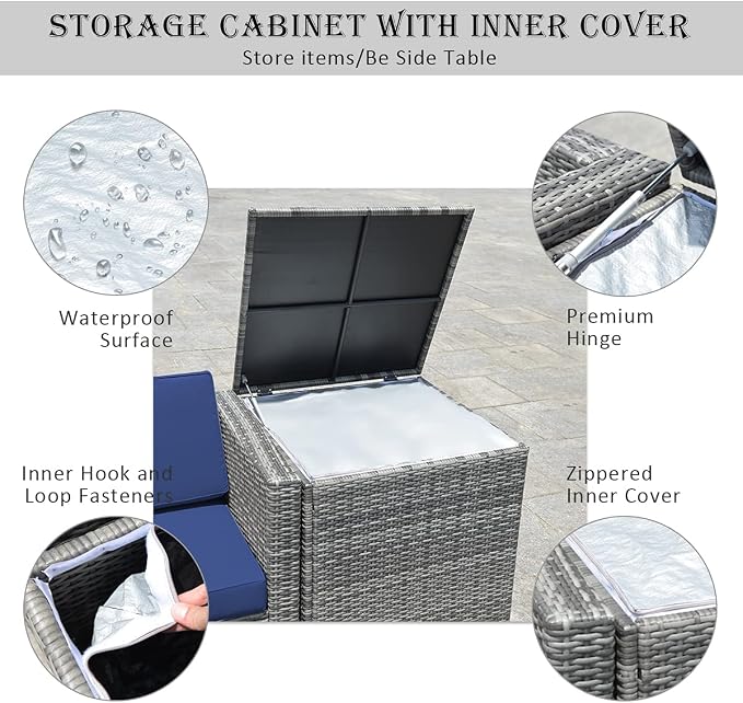 RELAX4LIFE 8-Piece Patio Furniture Set - PE Wicker Conversation Set w/Soft Cushions & Tempered Glass Storage Table, Outdoor Sectional Sofa Set for Garden, Poolside, Backyard (Navy Blue)
