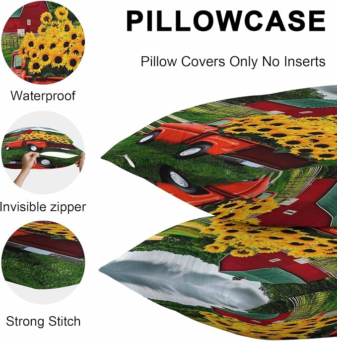 Waterproof Pillow Covers Set of 2 20x20 Inch Farmhouse Sunflower Outdoor Cushion Covers Farm Red Truck Decorative Pillow Cases for Patio, Sofa, Couch, Garden, Balcony