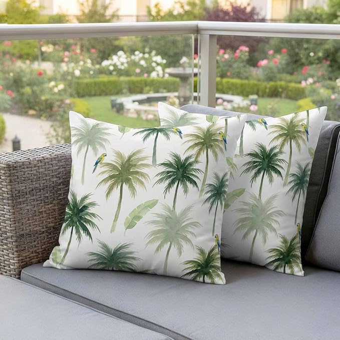 Yukro Summer Palm Tree Parrot Outdoor Waterproof Pillow Covers Pack of 2, Tropical Green Leaf Bird Throw Pillowcases Decorative Cushion Covers for Garden Patio Tent Sofa Couch, 16x16 inch