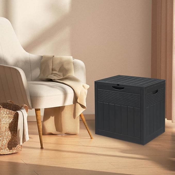 32 Gallon Square Outdoor Deck Box Wood & Rattan Plastic Garden Storage Box Store Items on Patio,Garage,Yard,Gray