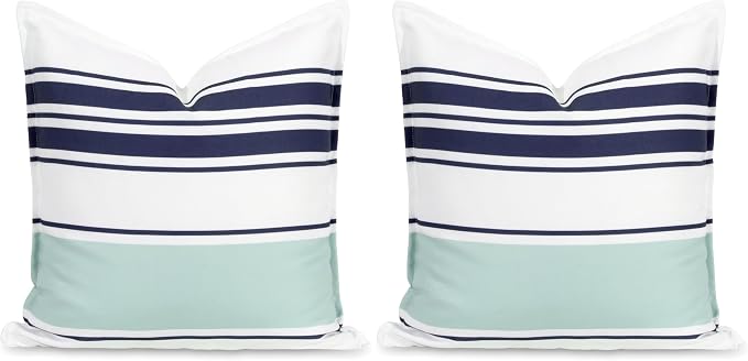 Hofdeco Premium Coastal Patio Indoor Outdoor Throw Pillow Cover Only, 20"x20" Water Repellent for Backyard, Couch, Navy Blue Aqua Stripes (Pack of 2)