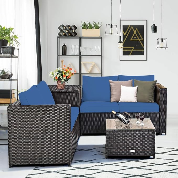 Tangkula 4 Piece Wicker Patio Set with Storage, All Weather-Proof Outdoor Conversation Set, with Loveseat, Coffee Table & Storage Box, Suitable for Garden, Poolside, Sunroom (1, Navy Blue)