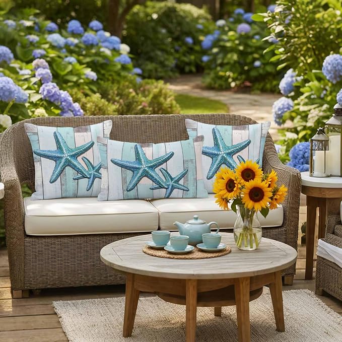 Teal Blue Starfish Waterproof Outdoor Pillow Covers Set of 2 Home Decor, Summer Beach Coastal Retro Wooden Pillowcase Patio Pillow Covers for Couch Bench Furniture Garden 20x12in