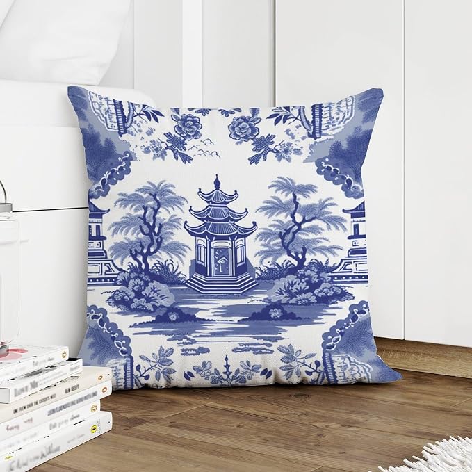 Chinoiserie Blue Asian Pagoda Throw Pillow Covers Chinoiserie Chic Asian Throw Pillow Cover Abstract Throw Pillow Covers Farmhouse Decorative for Patio Furniture Tent Garden 18x18 in