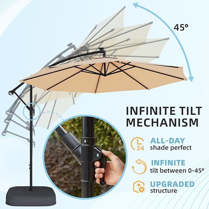 UPHYB 10FT Patio Umbrella with Base Included, Outdoor Offset Cantilever Umbrella, Infinite Tilt, Crank and Cross Base, UV Protection for Backyard, Lawn, Garden & Pool