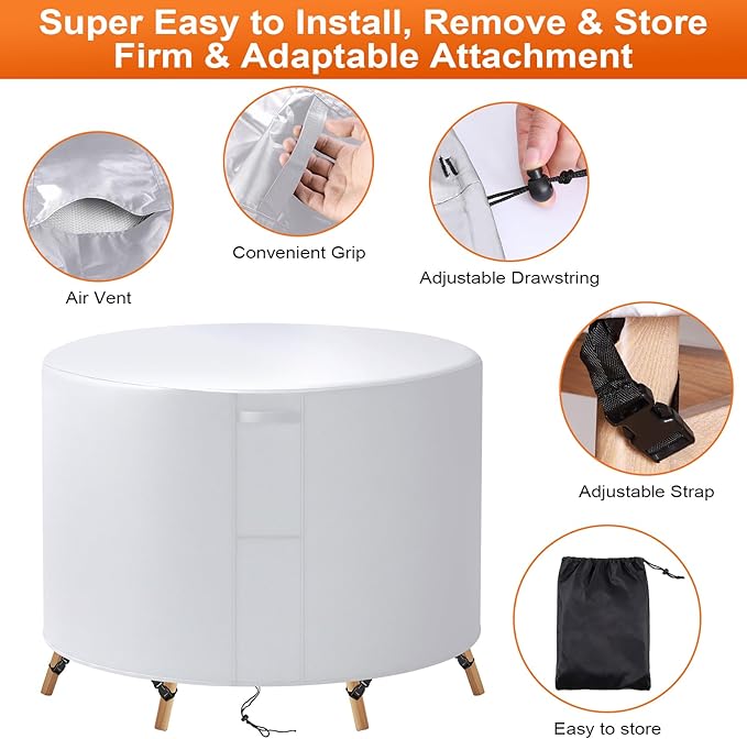 48"(D) x 16"(H) Round Outdoor Furniture Cover, Custom Heavy Duty 420D Waterproof Patio Furniture Cover with Drawstring & Buckles for Table Chair Garden, Silver