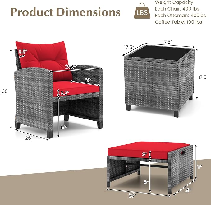 KOTEK 5 Pieces Patio Furniture Set with Ottomans, Wicker Patio Conversation Set with Coffee Table & Cushions, PE Rattan Outdoor Lounge Chairs for Backyard, Porch, Poolside (Mix Grey- Red)
