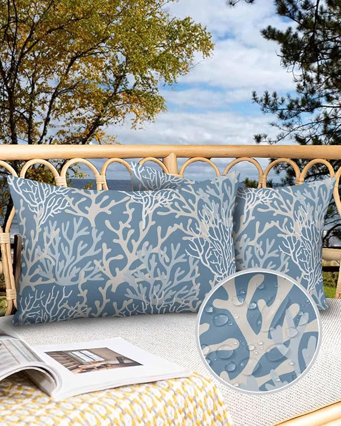 Pack of 2 Outdoor Pillow Covers 20x12 Waterproof Blue Coral Coastal Throw Pillow Covers, Decorative Pillowcases Nautical Ocean Marine Organism Cushion Covers for Patio Garden Couch Pillow Case