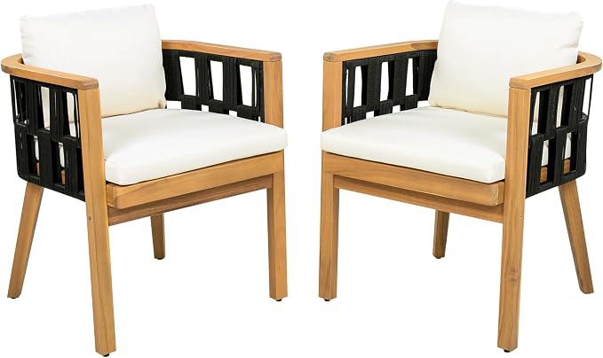 Acacia Wood Dining Set - Teak Finish Table + 6 Chairs with Cream Cushions, Rustic Metal Legs, for Outdoor Patio, Garden, Poolside, Indoor Use - Set of 7, Modern Coastal Style (Style4)