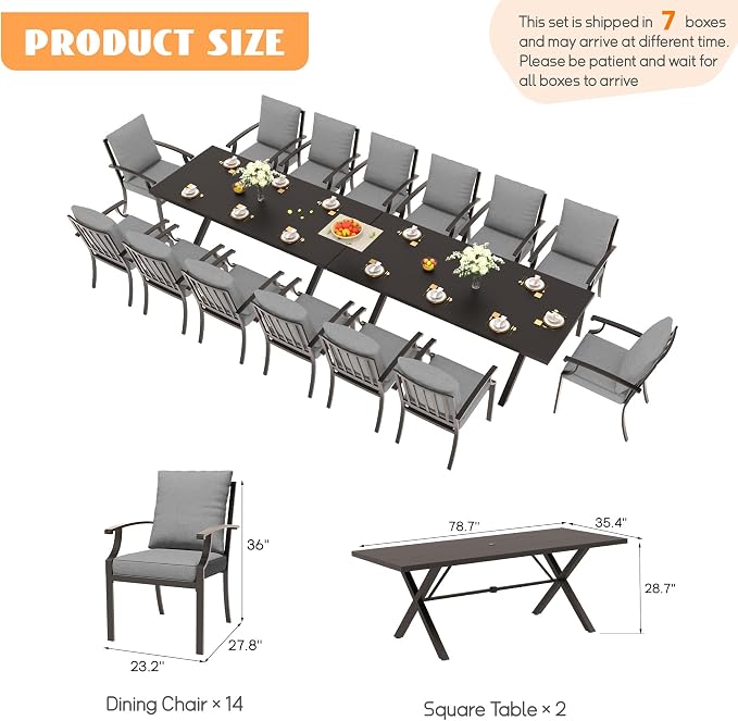 16-Piece Patio Dining Set Outdoor Conversation Set,Metal Outdoor Furniture Set with 2 Umbrella Hole Cut-Out 78.7" x 35.4" Tables and 14 Metal Backrest Chairs for Backyard,Garden,Grey