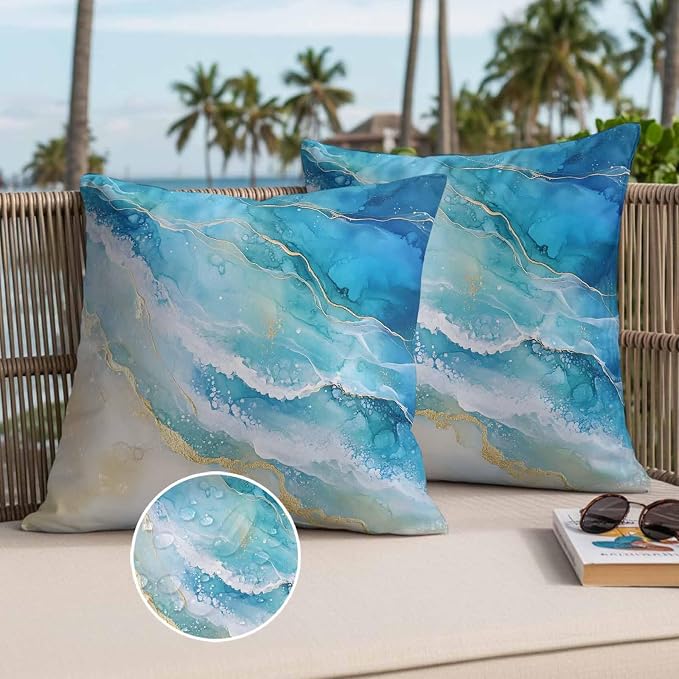 Abstract Waves Outdoor Waterproof Throw Pillow Covers Set of 2, 20"x20", Surrealism Spray Beach Ocean Watercolor Decorative Pillow Covers Outside Cushion Case for Patio Porch Garden