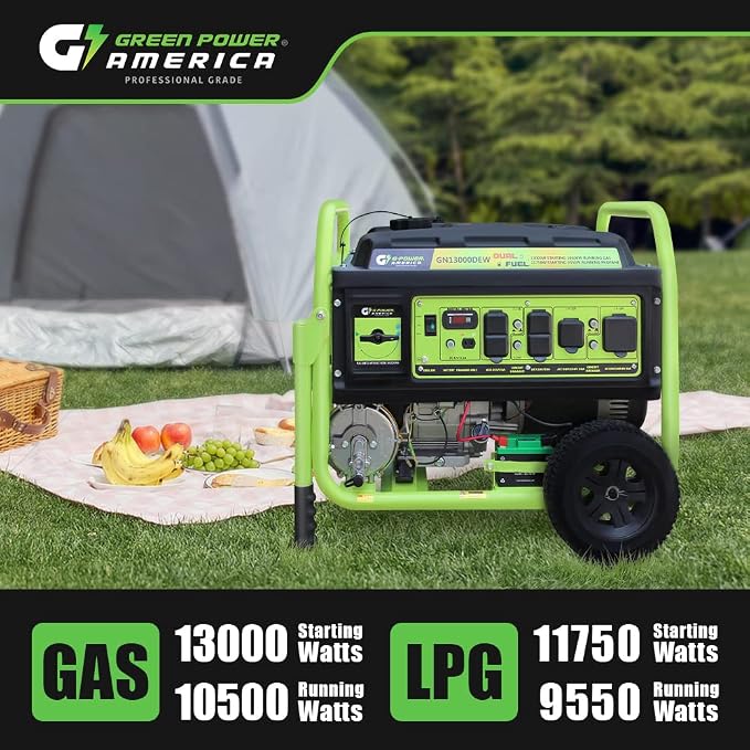 Green-Power America Portable Generator GN13000DEW 13000 Watt Gas & Propane Dual Fuel Electric Start RV Ready 50A Outlet - Home Emergency Backup Camping & Outdoor Residential Use - Safe & Reliable