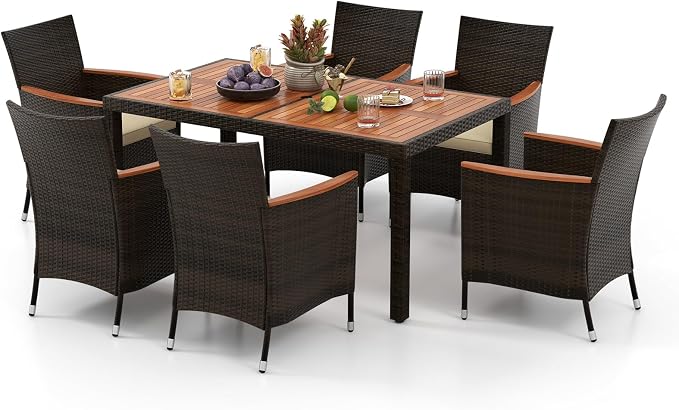 HAPPYGRILL 7 Pieces Rattan Wicker Patio Dining Set, Outdoor Dining Set with Cushions, Large Dining Table with Acacia Wood Top, Outside Dining Furniture Set with Umbrella Hole
