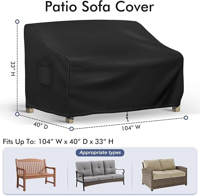 Richwon Outdoor Couch Cover Waterproof, 4-Seater Outdoor Sofa Cover, Patio Furniture Covers with Air Vent and Handles, 104W x 40D x 33H Inches, Black