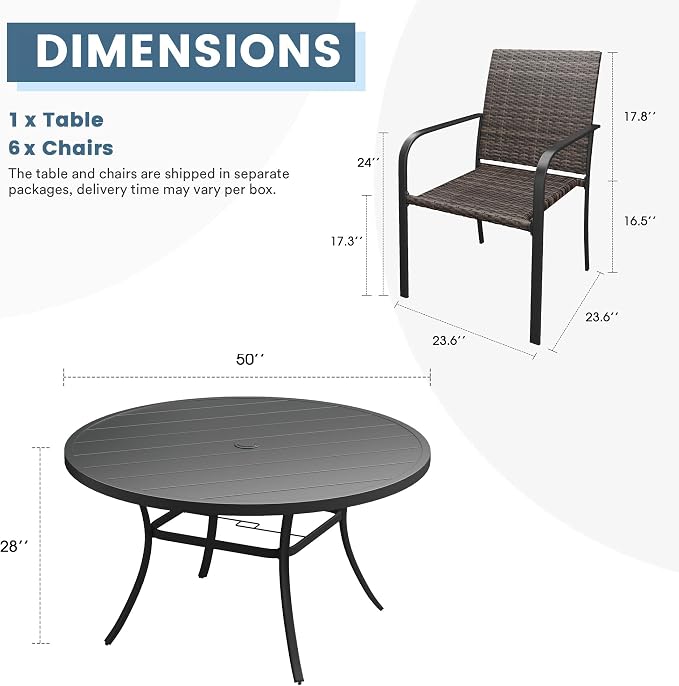 DIFY 7 Piece Outdoor Dining Set, Patio Table and Chairs Set for 6 with Umbrella Hole, 50" Black Round Dining Table & Stackable Wicker Patio Chairs, Metal Patio Furniture Set for Garden Backyard