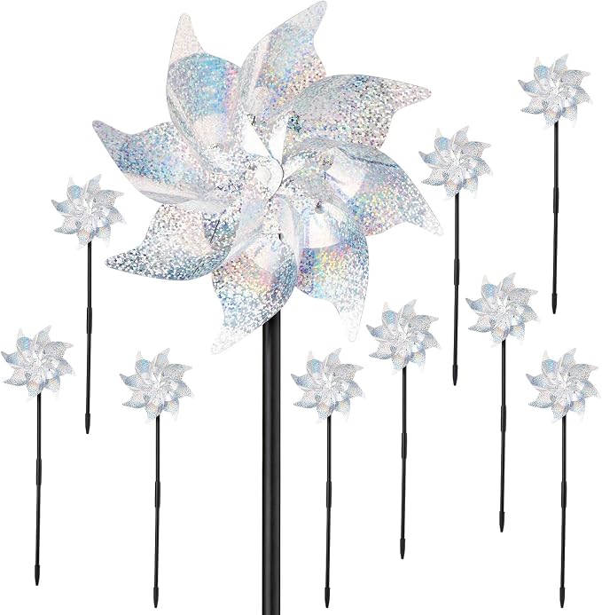 BATTIFE 10 Pack Reflective Pinwheels with Stakes, Pre-Installed Sparkly Silver Wind Spinner, Decorative Pin Wheel Bird and Animal Deterrent for Garden, Yard, Lawn
