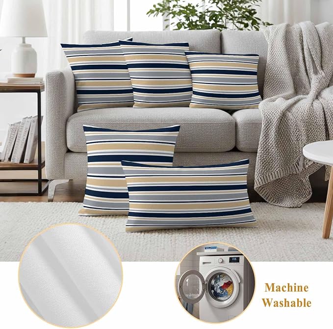 Khaki Grey Striped Outdoor Pillow Cover 26x26 Inch Cushion Sham Case, Navy Blue Farmhouse Stripes Abstract Art Waterproof Decorative Square Throw Pillowcase for Outside Garden Patio Porch Couch Chair