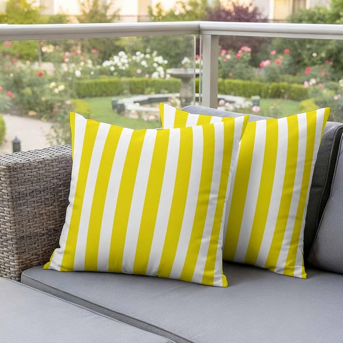 Yellow Striped Outdoor Waterproof Throw Pillow Covers 20x20 Set of 2, Modern Farmhouse Yellow White Stripes Decorative Pillowcases Cushion Pillowcase for Couch Sofa Patio Outside Pillow Protector