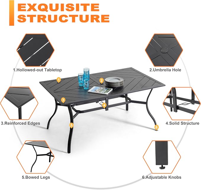 NUU GARDEN 7-Piece Patio Dining Table Set, Outdoor Iron Dining Set with Umbrella Hole, Splicing Table and 6 Textilene Swivel Chairs, Brown and Black