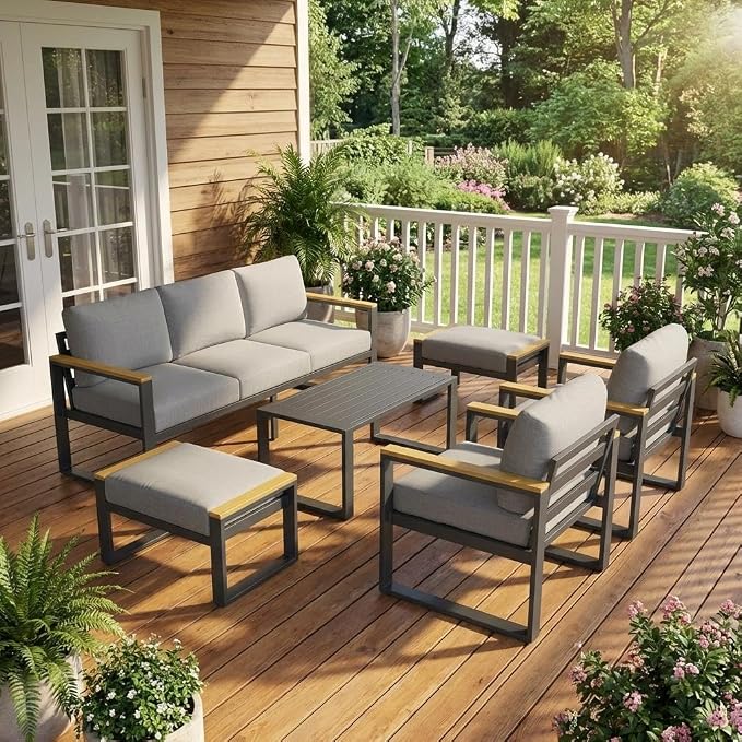 Aluminum Patio Furniture Set, 7 Seats Outdoor Patio Conversation Sets with Coffee Table, 6 Pieces Metal Conversation Sectional Furniture Sofa for Balcony, Garden, Deck, Backyard,Gray