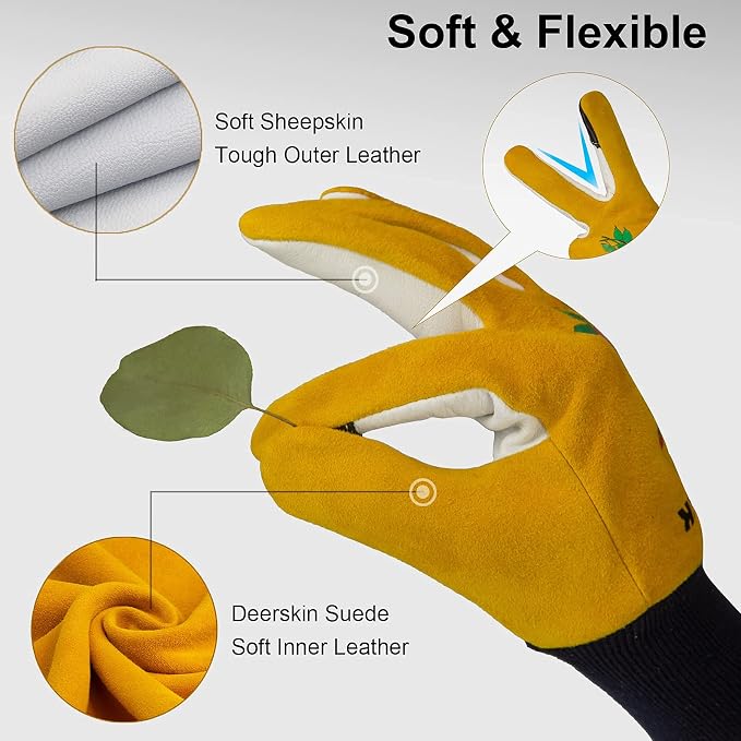 Cactus Gloves, 2 Layers Leather Palm, Deerskin Back Women Gardening Gloves | Thorn Proof for Cacti Handling, Elastic Cuff, Touch Screen, Goatskin with Deerskin Leather Palm Garden Gloves for Women