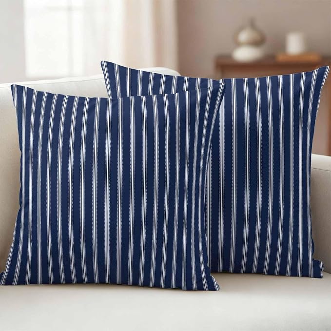 Navy Blue Striped Outdoor Pillow Covers 16x16 Inch Throw Pillow Covers Set of 2 Waterproof Decorative Pillow Cases Navy Blue White Farmhouse Stripes Cushion Covers for Patio Furniture Garden Couch