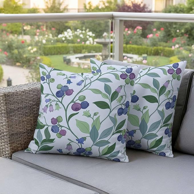 Blueberry Leaves Outdoor Pillow Covers 18"x18" Set of 2, Watercolor Blue Purple Fruit Floral Leaf Blue Waterproof Throw Pillow Covers for Patio Furniture, Decorative Cushion Covers for Porch