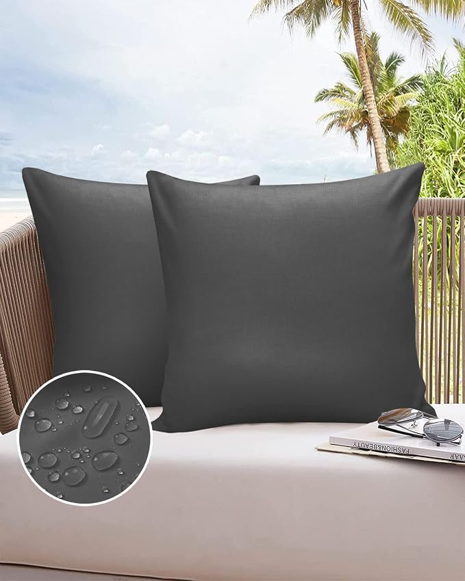 Outdoor Waterproof Throw Pillow Covers Set of 2 Dark Grey Pattern Pillowcases 24x24 Inches Pure Colour Patio Decorative Pillows Cushion Case Patio Pillows for Couch Bed Chair Garden