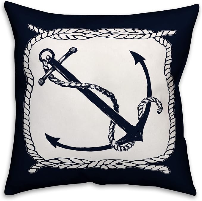 Navy and White Anchor Indoor/Outdoor Pillow | Decorative Pillows for Living Room Couch Bed Sofa Patio, Fluffy Soft Cushion | Water Resistant Blue, 18x18