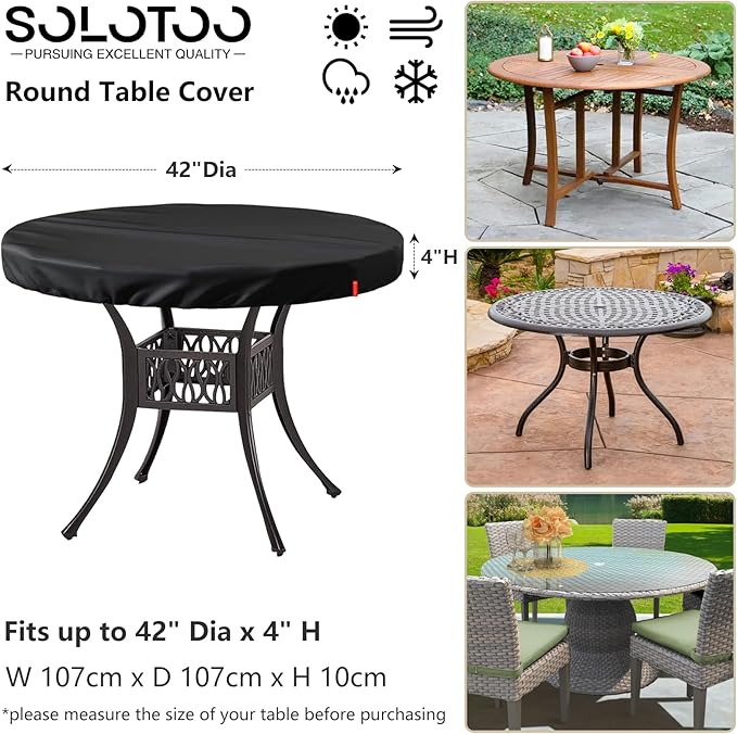 Outdoor Round Table Cover Waterproof UV-Resistant for 42 Inch Diameter Patio Tables - Heavy Duty Weatherproof Table Top Protector with Elastic Hem (Black)