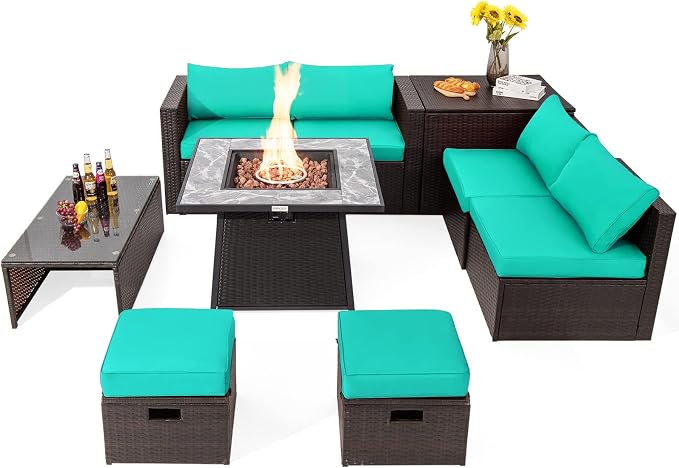 Tangkula 9 Pieces Outdoor Patio Furniture Set with 35-Inch Propane Fire Pit Table, Outdoor PE Wicker Sectional Sofa Set with Storage Box and Cushions, 50,000 BTU Gas Fire Pit Table (Turquoise)